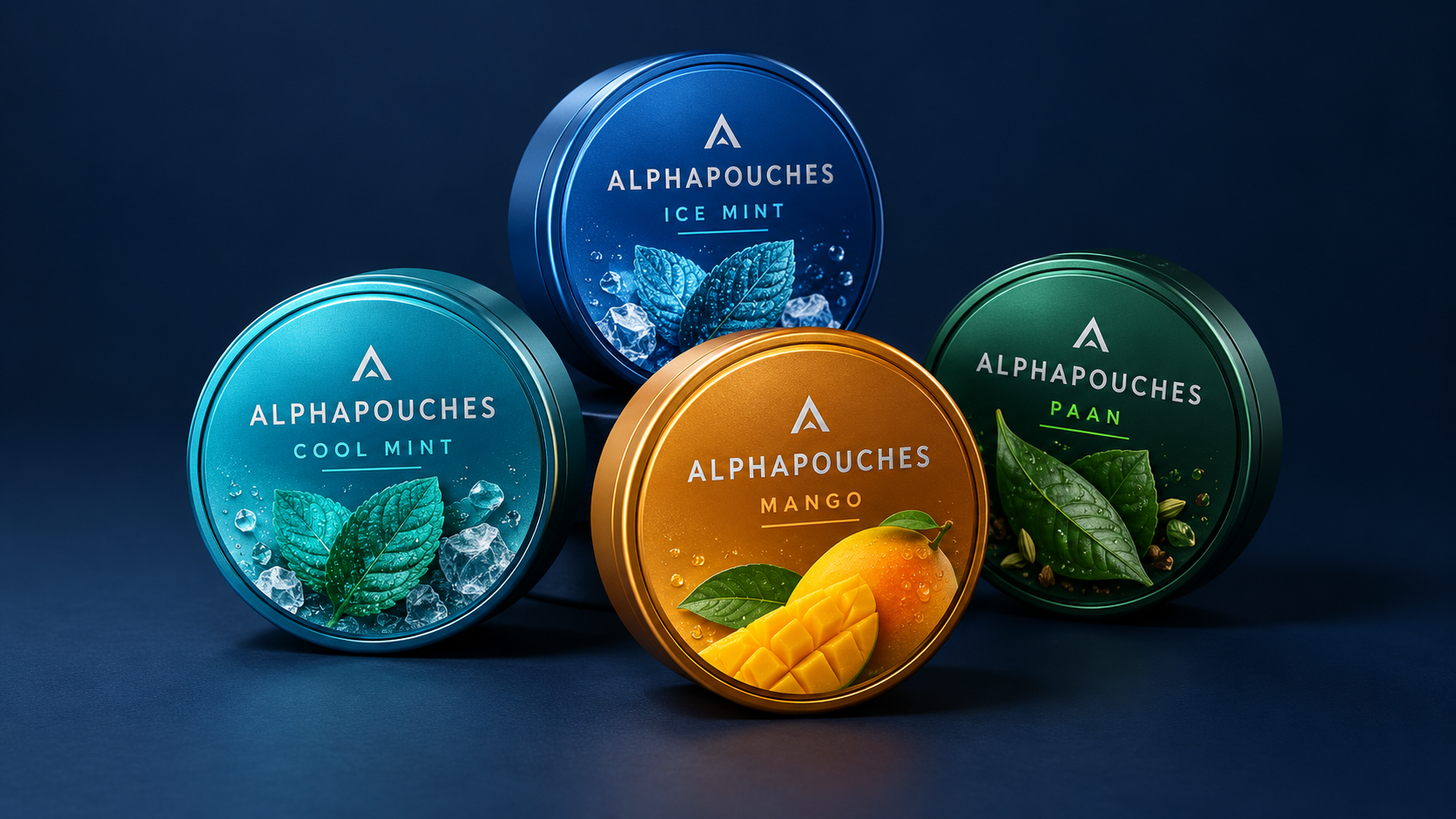 Four Alphapouches cans in Cool Mint, Ice Mint, Mango and Paan